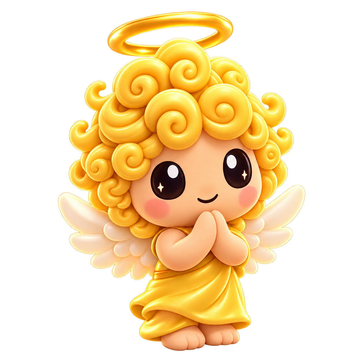 Angel, a golden-curled Curlo with a glowing halo, tiny white wings, and a sweet smile